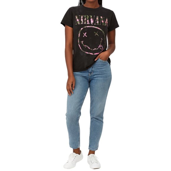 Nirvana Band T-Shirt Women’s Small Black Pink Floral Smiley Face Graphic Tee - Picture 2 of 10